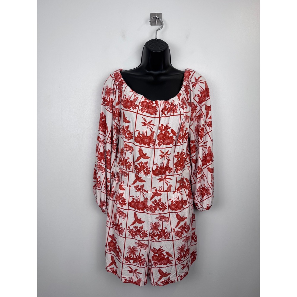 Farm Rio Red White Tropical Bird Palm Tree Romper Long Sleeve V-Neck Size Small